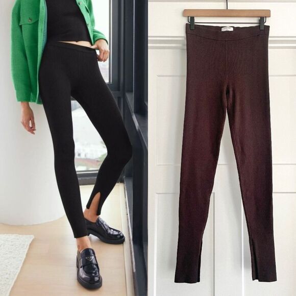 ❤️ Aritzia Babaton Distill Leggings Side Slit Brown Coffee Bean Ribbed Knit Pant - Picture 1 of 10